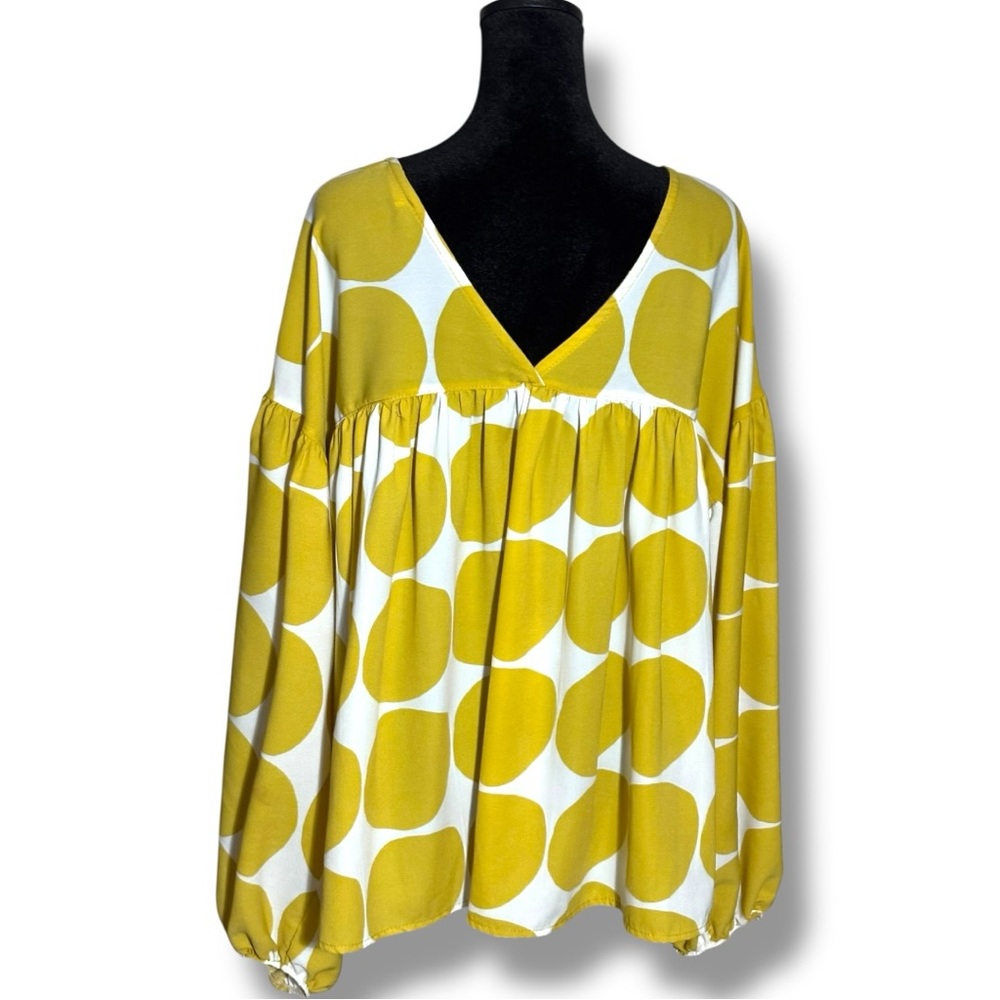 Ces Femme Yellow and White Long Balloon Sleeve Lightweight Flowy V-Neck Blouse - Picture 7 of 16